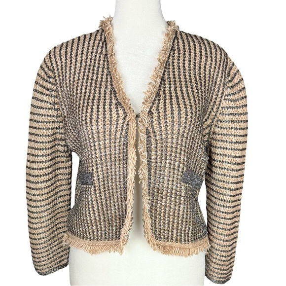 Pinko Tweed Cropped Cardigan Sweater Fringe Metallic Preppy Quiet Luxury Italy - Picture 2 of 10